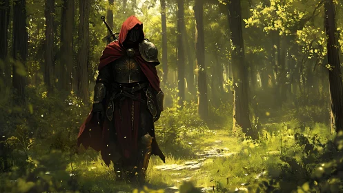 Cloaked knight wandering through sunlit fantasy forest path.