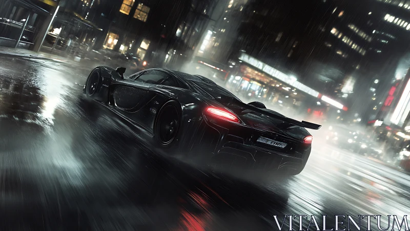Sleek black supercar glides through a neon soaked rainy city night