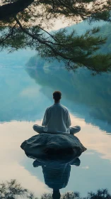 Quiet lake meditation on a sunlit stone of gentle calm.