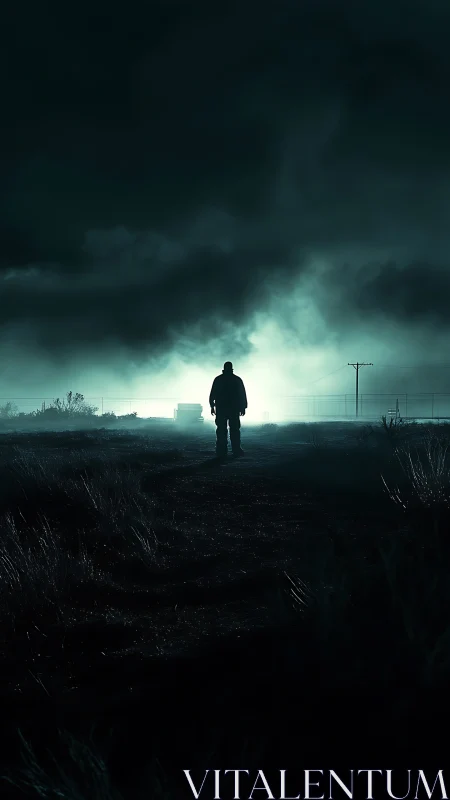 Solitary wanderer cuts through neon storm on the horizon.