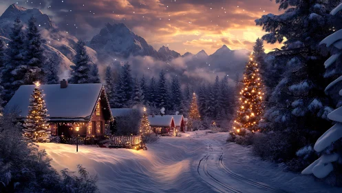 Snowy mountain cabins glow with magical Christmas lights.
