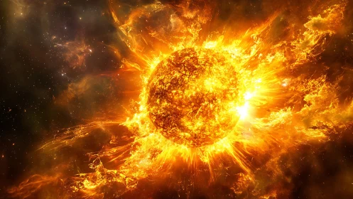 Stellar plasma sphere ejecting coronal flares in high-energy nebula