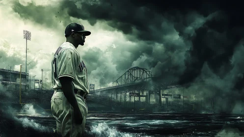 Baseball player stands before stormy bridge and stadium