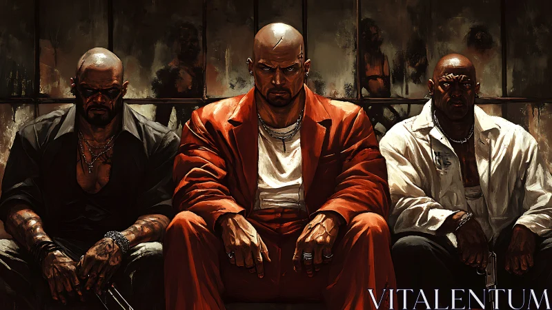 Three hardened enforcers sit united in tense, shadowed power