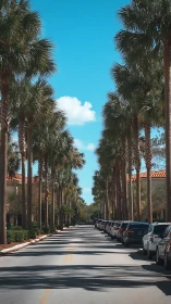 Palm sentinels cast long shadows down a quiet sunlit lane