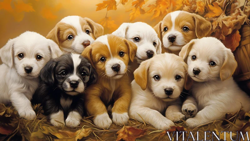 Group of eight digital puppies posed among autumn leaves
