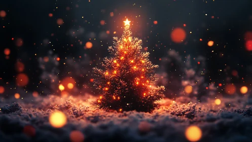 Luminous miniature Christmas tree in snow with bokeh fireflies.