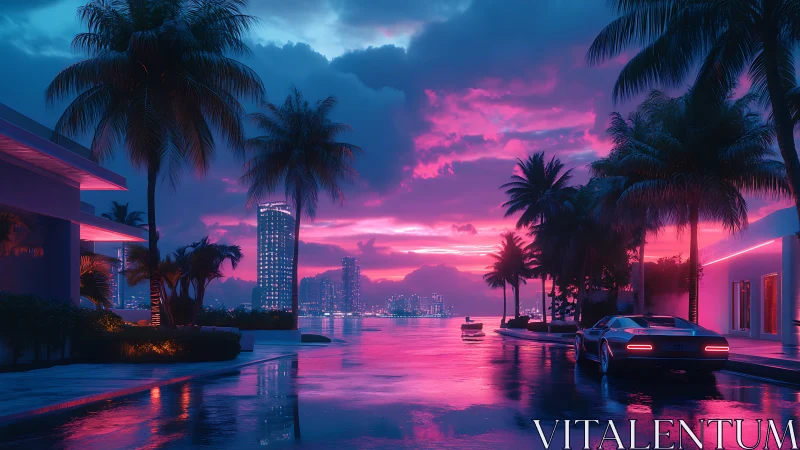 Neon sunset illuminates palm-lined waterfront street scene