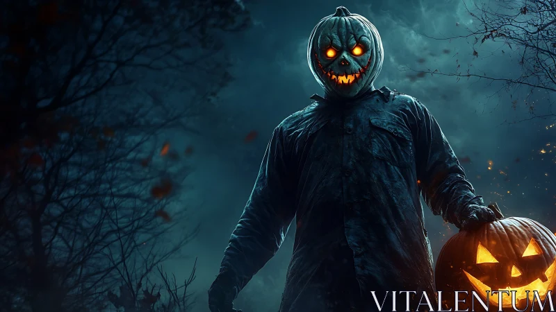 Pumpkin-headed specter stalks misty forest on Halloween night