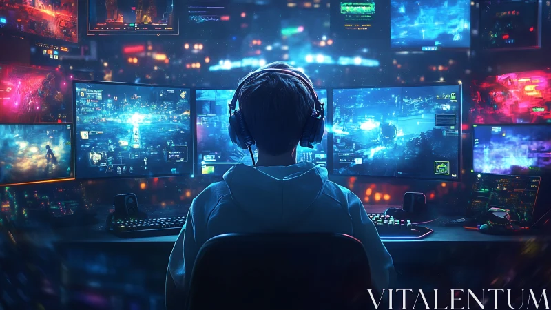 Cyber gamer at multi-monitor command center in neon city.