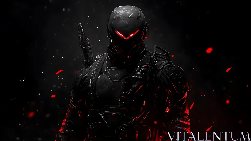 Armored cybernetic soldier emerges in red-lit tactical darkness