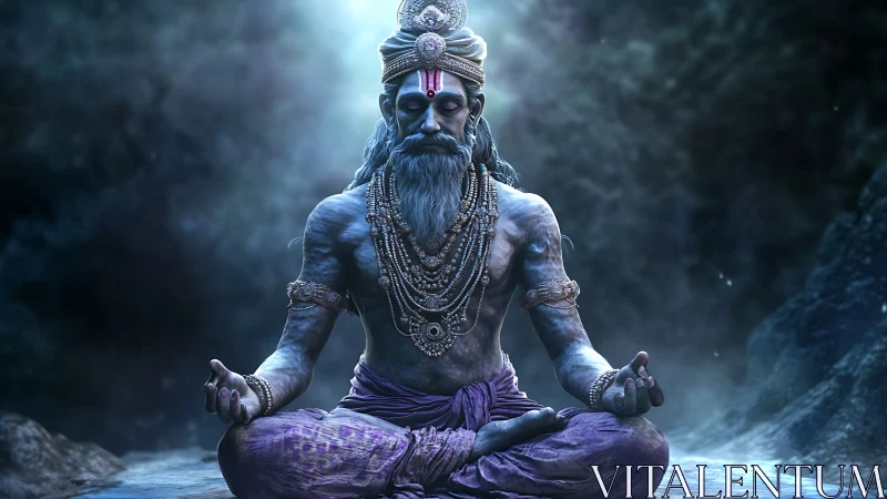 Meditating blue sage in ornate jewelry under ethereal light.