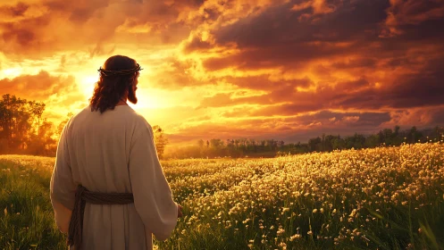 Messianic robed figure gazes over sunlit wildflower field.