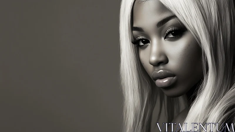 Monochrome close portrait of woman with long platinum hair