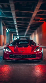 Aerodynamic red sports coupe under tunnel luminance study.