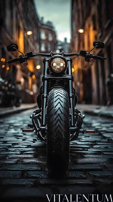 Urban night motorcycle waiting on rain-dark cobblestones.