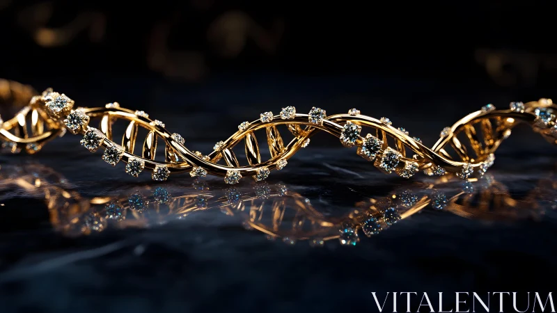 Luxurious Golden DNA Helix with Diamonds on Reflective Surface.