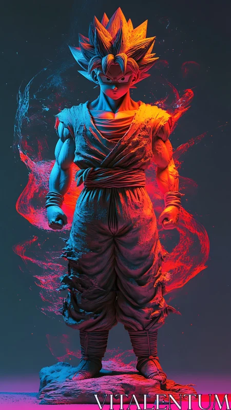 Fiery anime warrior stands empowered in dramatic neon light.