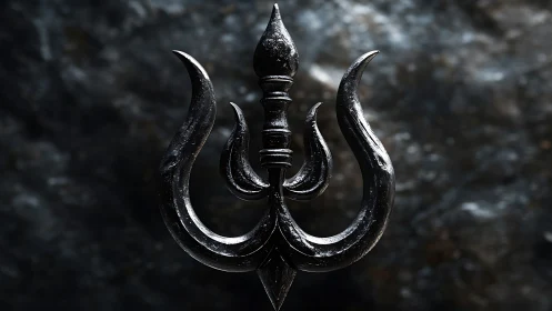 Strong dark trident symbol rises with elegant curved blades