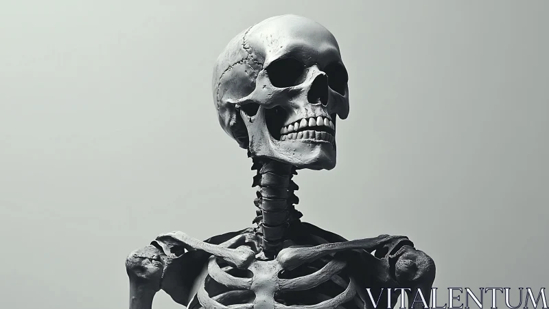 Grayscale human skeleton study against plain backdrop.