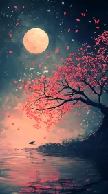 Lunar backlit sakura tree renders reflected chromatic water surface