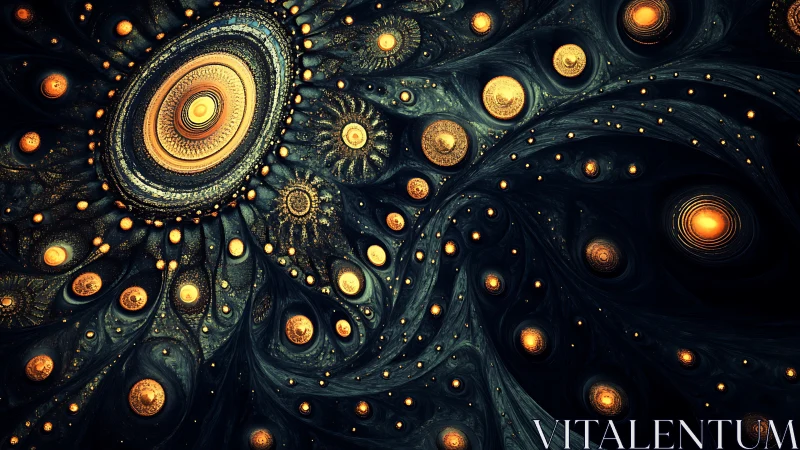 Golden spiral galaxies swirling through velvet night sky.