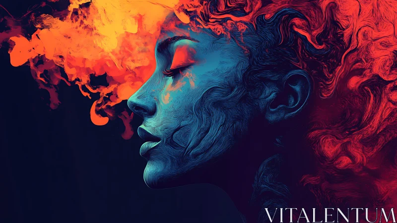 Chromatic profile portrait with swirling fire and smoke fusion.