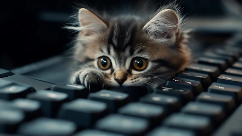 Kitten on Computer Keyboard with Orange Eyes