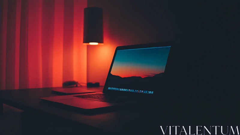 Midnight laptop glow bathing a quiet desk in ember calm.