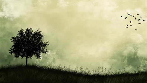 Gentle hillside tree beneath drifting birds and quiet sky.