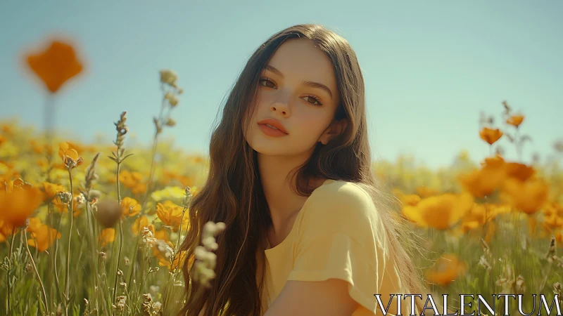 Young woman sits in golden wildflower field under clear sky