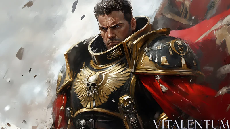 Stoic space commander in glowing gold and crimson armor.