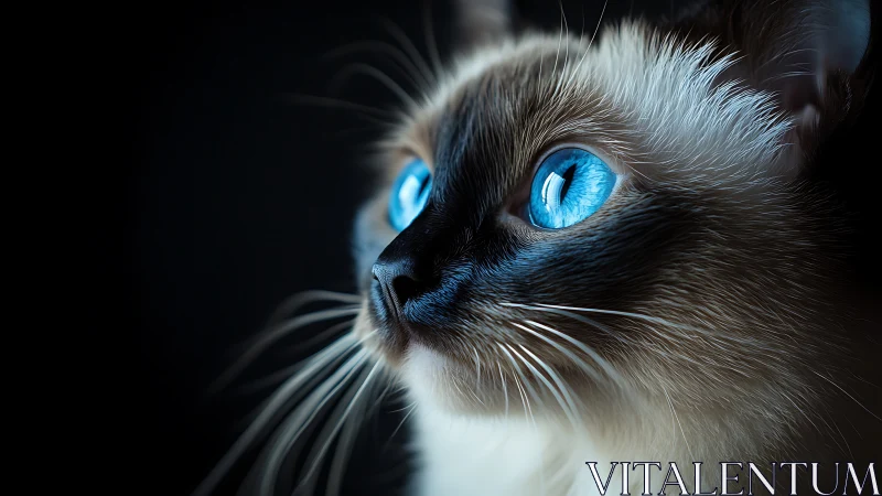 Siamese Cat Portrait with Striking Blue Eyes Against Dark Background.