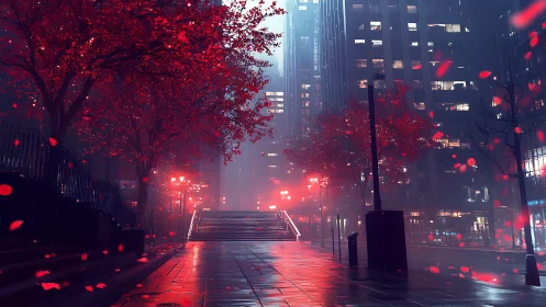 Neon rain falls over crimson trees in a quiet night city street