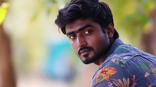 Pensive gaze in floral shirt beneath soft garden light.