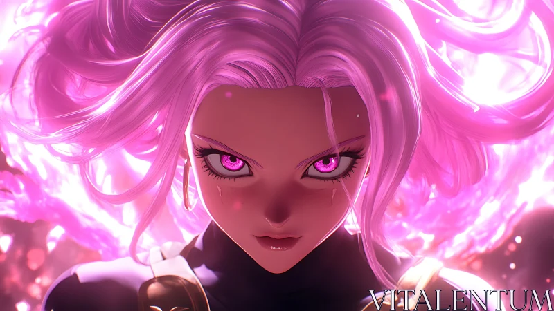 Pink haired anime figure with glowing eyes in close focus.