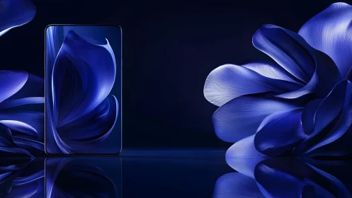 Modern smartphone with abstract blue floral elements in digital style.