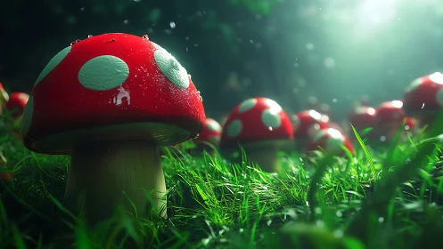 Red toadstools glow under dreamy forest sunlight beams.