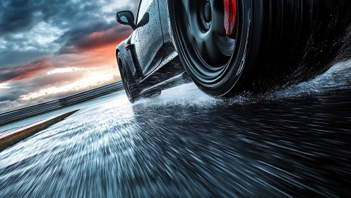 Sports car tire on wet racetrack under stormy sky.