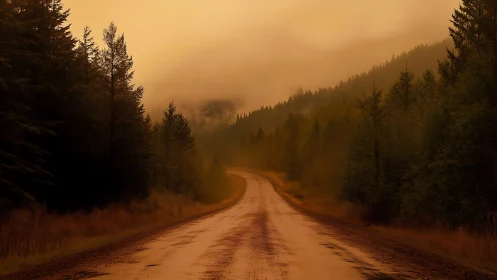 Amber fog road curling through twilight forest hush.