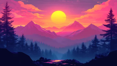 Neon dusk mountains cradle a painted sherbet sun quietly.