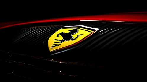 Ferrari front badge close-up in low-key studio lighting.