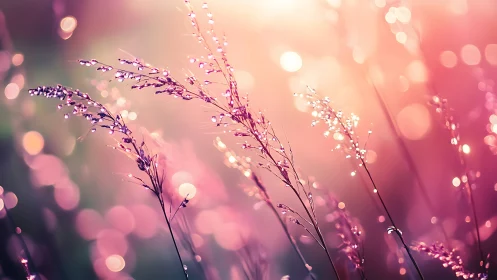 Dewlit meadow grasses shimmer in rose-gold morning haze.