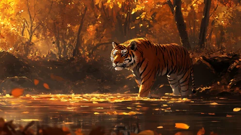 Tiger pauses in ember-bright forest stream, quiet yet fierce