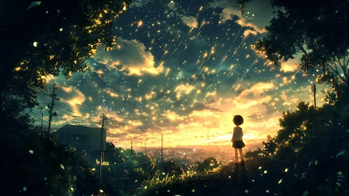 Child watching golden evening sky filled with falling stars.