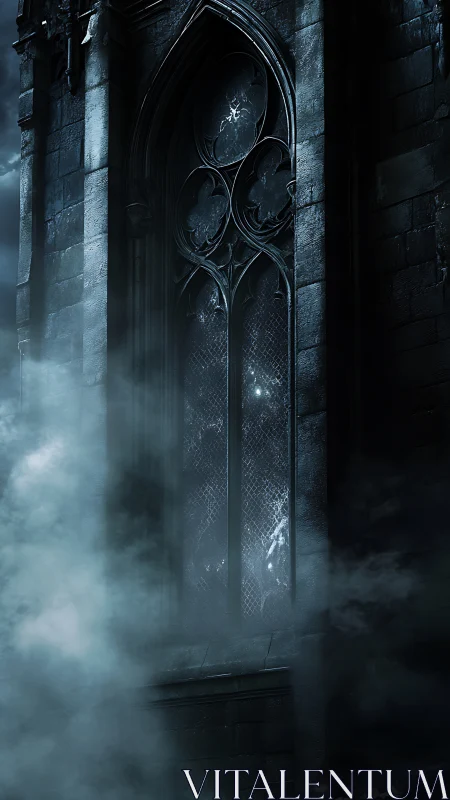 Gothic stone window in dense fog at night.