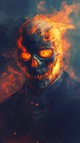 Flaming skull figure in suit rendered with vivid fire effects