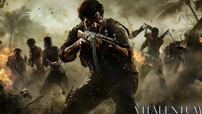 Battle-hardened soldier charges through burning warzone