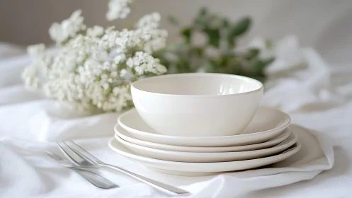 Stacked ivory ceramic tableware with soft-focus floral bokeh.