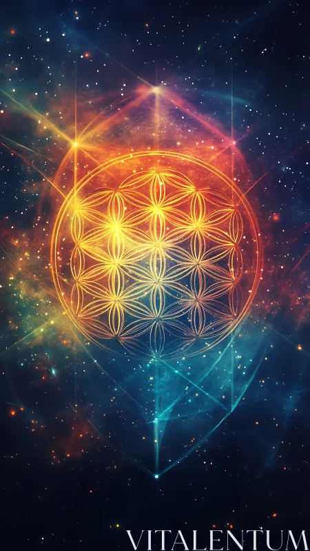 Celestial flower-of-life mandala amid glowing nebulae.